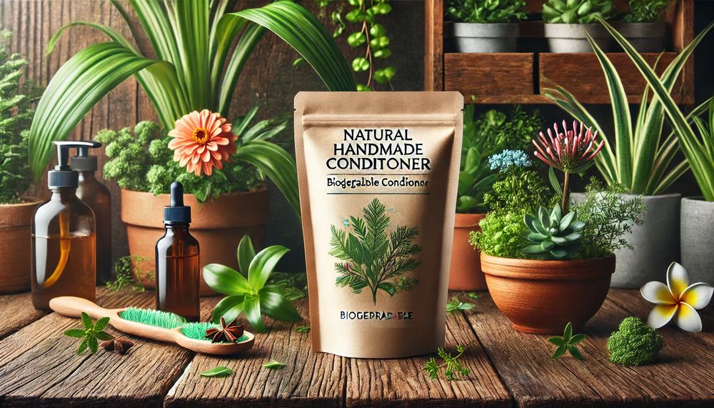 Acondicionador natural hecho a mano en un empaque biodegradable con elementos de madera plantas y flores coloridas