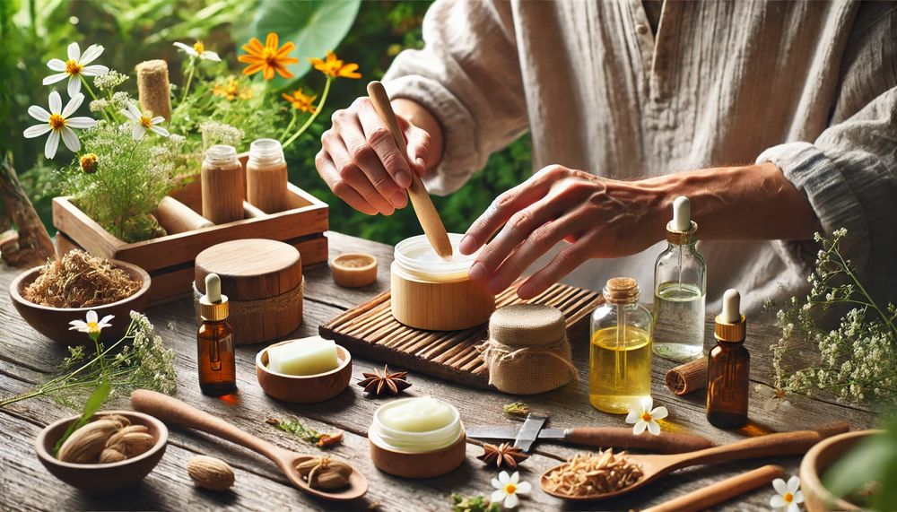 Artesano elaborando desodorantes naturales a mano con herramientas de madera