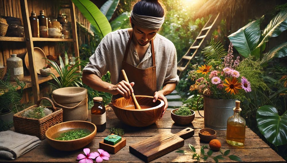 Artesano elaborando productos ecológicos a mano con ingredientes naturales y rodeado de plantas y flores