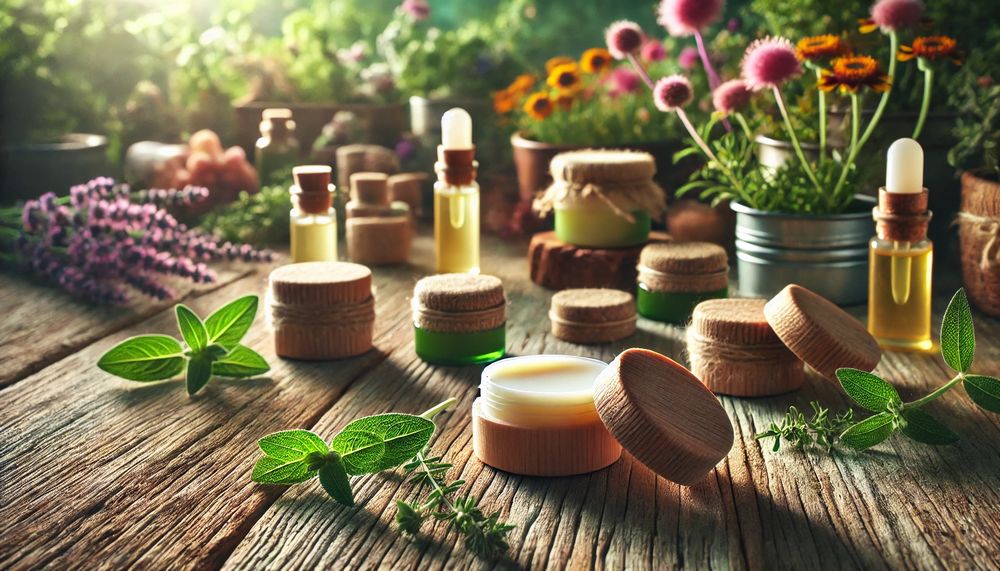 Bálsamos labiales artesanales en una mesa de madera con flores y plantas