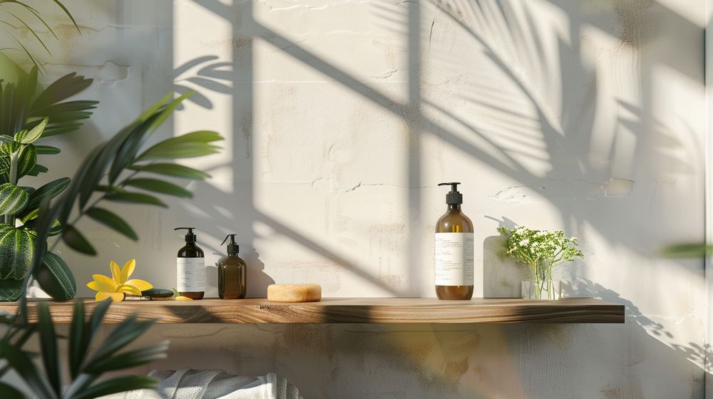 Baño sereno con una botella de acondicionador natural en un estante de madera rodeado de plantas y flores