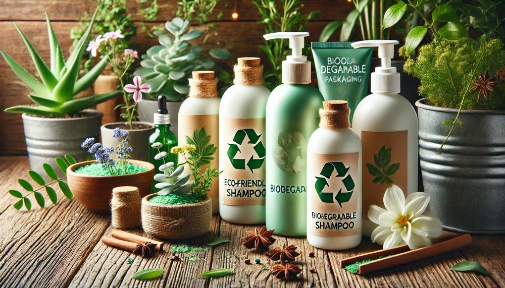 Botellas de shampoo ecológicas con empaques biodegradables sobre un fondo de madera con plantas y flores