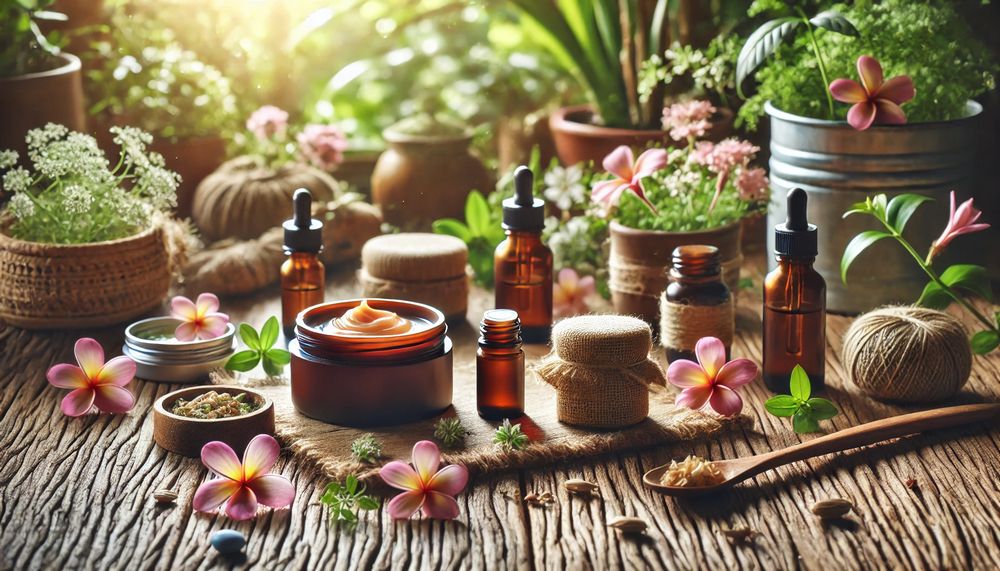 Conjunto de bálsamos naturales sobre una mesa de madera rústica rodeados de plantas y flores