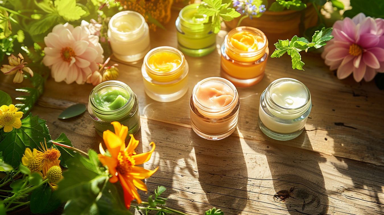 Cremas artesanales en frascos de vidrio sobre una mesa de madera rodeadas de flores y plantas