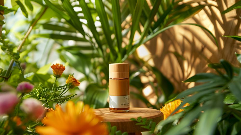 Desodorante ecológico en una mesa de madera rodeado de plantas verdes y flores coloridas