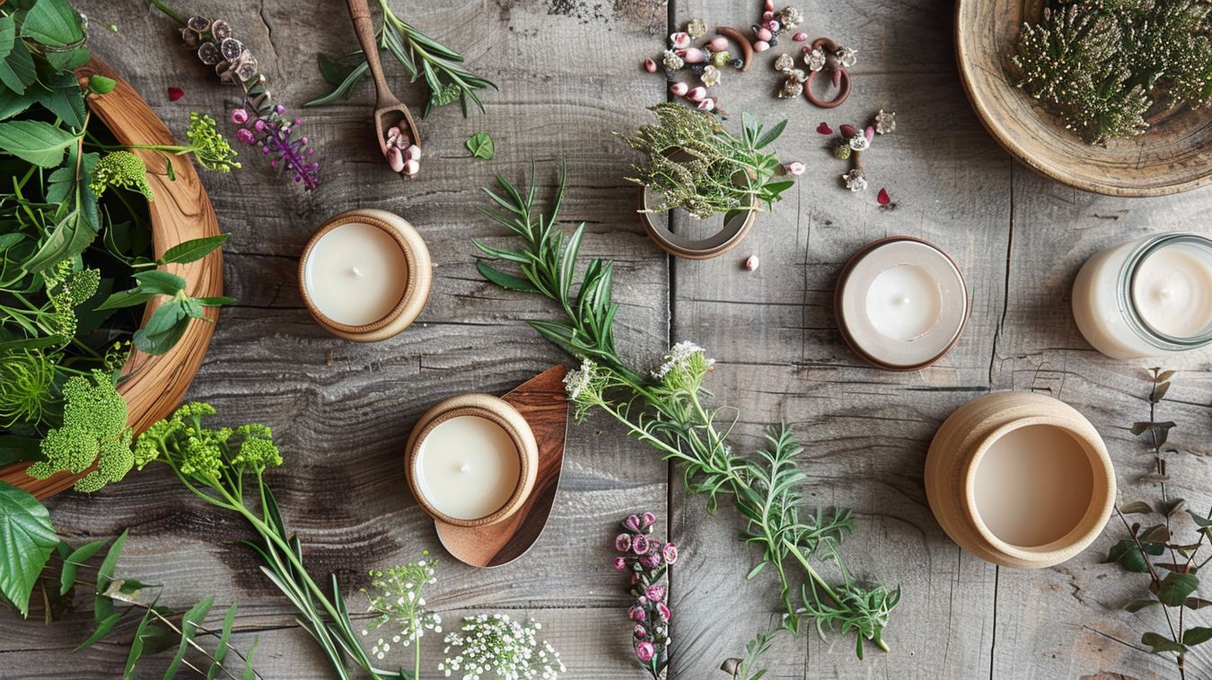 Disposición plana de tarros de crema natural hecha a mano con accesorios de madera