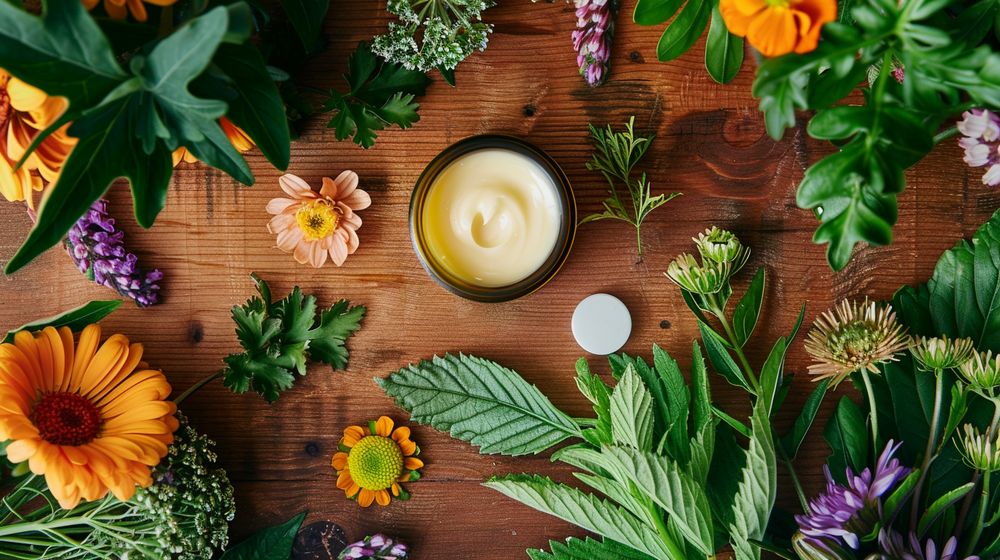 Empaque ecológico de bálsamo natural en una mesa de madera con flores coloridas y plantas verdes