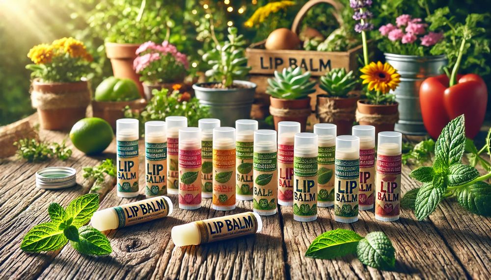 Empaques de bálsamos labiales biodegradables en una mesa de madera con plantas y flores