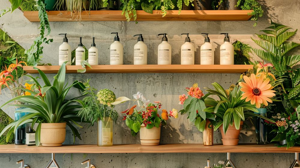 Estante con shampoos sólidos y líquidos rodeados de elementos de madera plantas verdes y flores coloridas