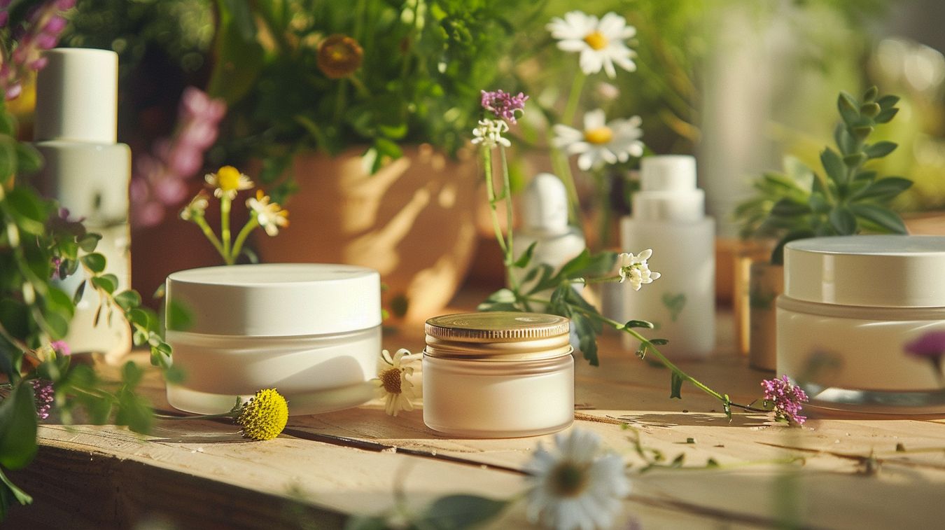 Frascos y botellas de cosméticos ecológicos sobre una mesa de madera rodeados de flores coloridas y plantas verdes