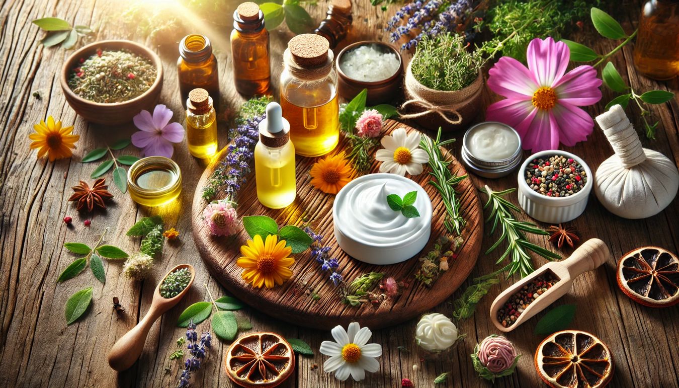 Ingredientes naturales como hierbas flores y aceites para cremas artesanales