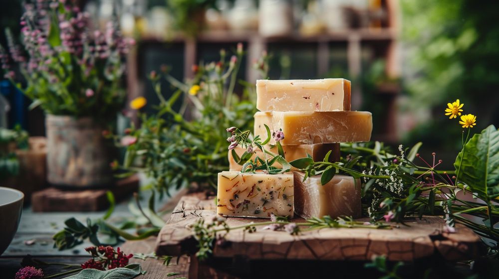 Jabones artesanales apilados en una tabla de madera con hierbas frescas flores y plantas verdes