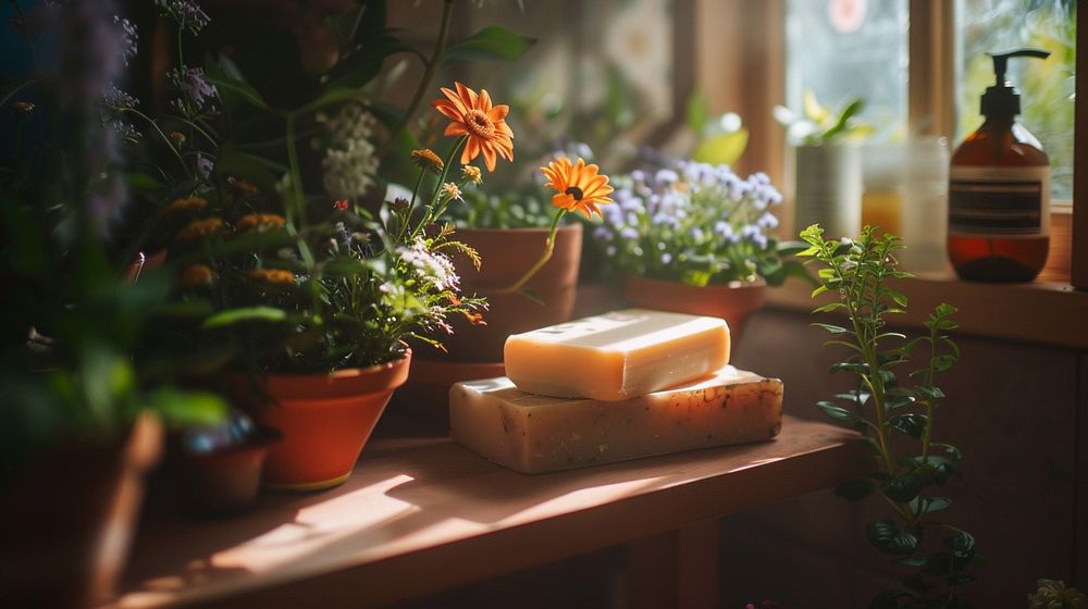 Jabones artesanales en un estante de madera en un baño acogedor con plantas y flores