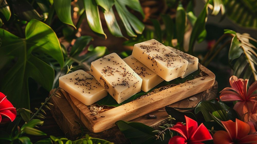 Jabones artesanales en una bandeja de madera con flores y plantas verdes