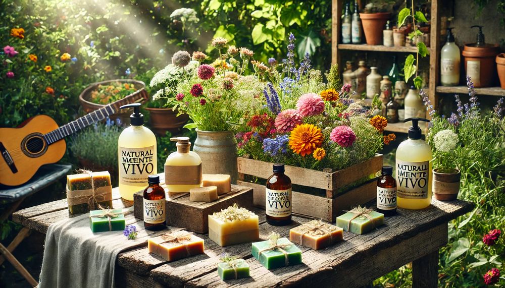 Jabones y shampoos artesanales de Naturalmente Vivo en una mesa rústica de madera al aire libre