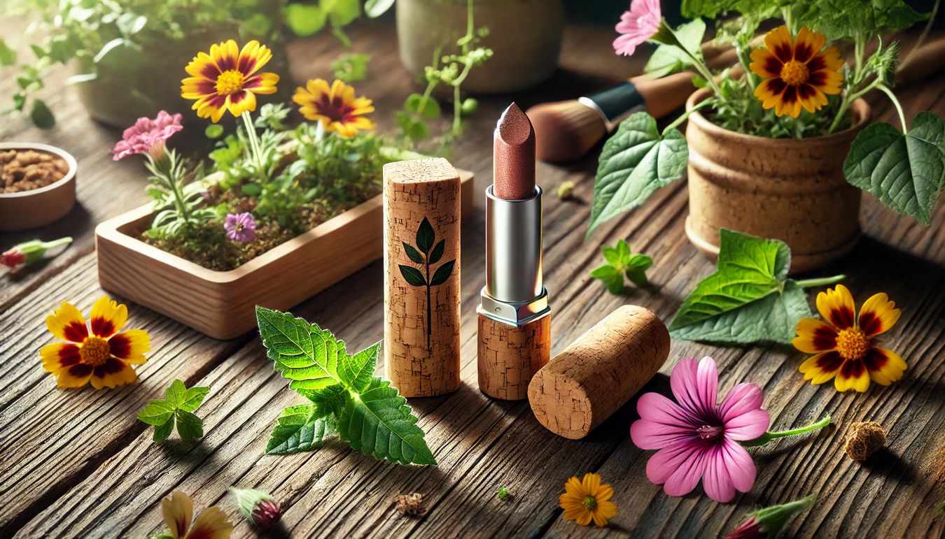 Lipstick natural con empaque de corcho madera sobre una superficie de madera con flores y plantas alrededor