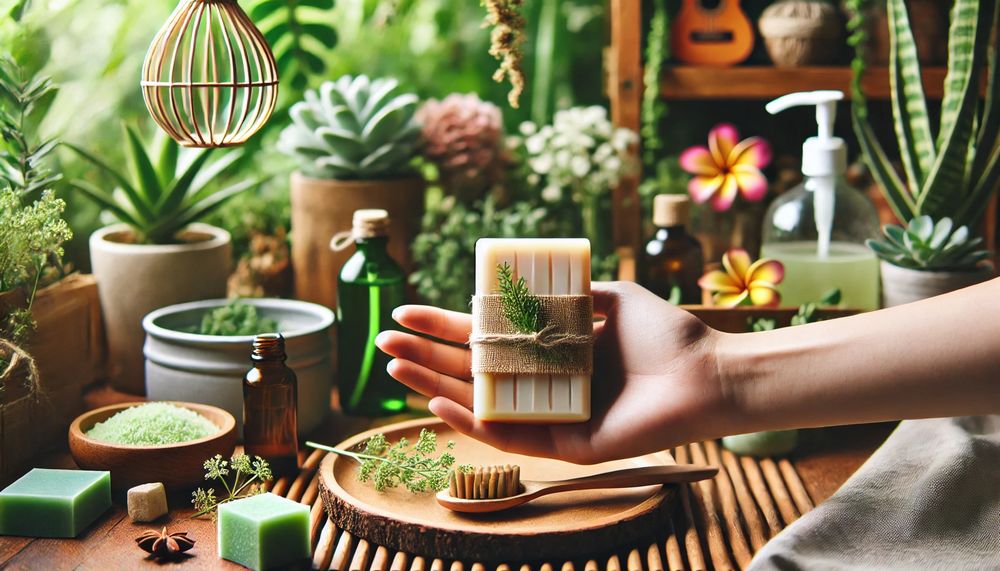 Mano sosteniendo una barra de shampoo natural con fondo de elementos de madera plantas y flores