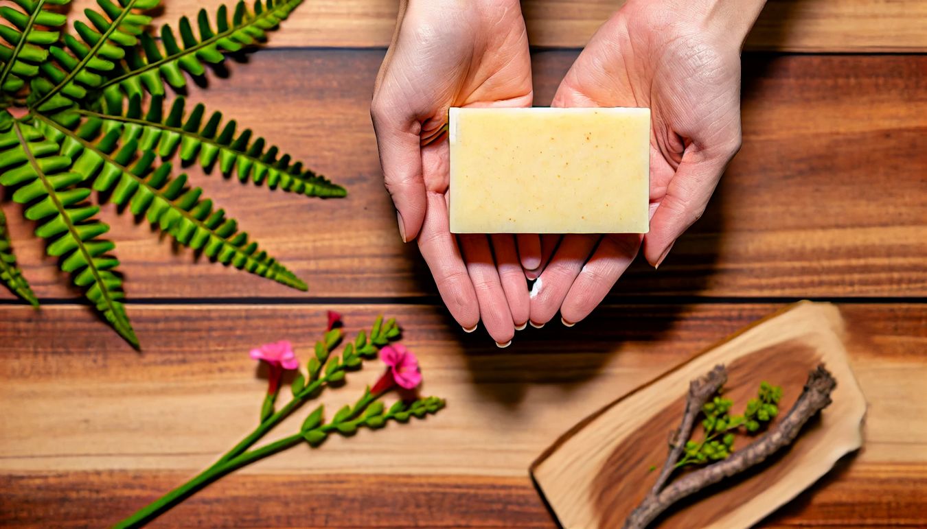 Manos sosteniendo un jabón artesanal natural con plantas y flores de fondo