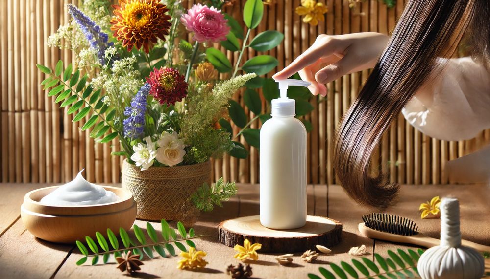 Mujer aplicando acondicionador natural en su cabello con elementos de madera plantas y flores coloridas