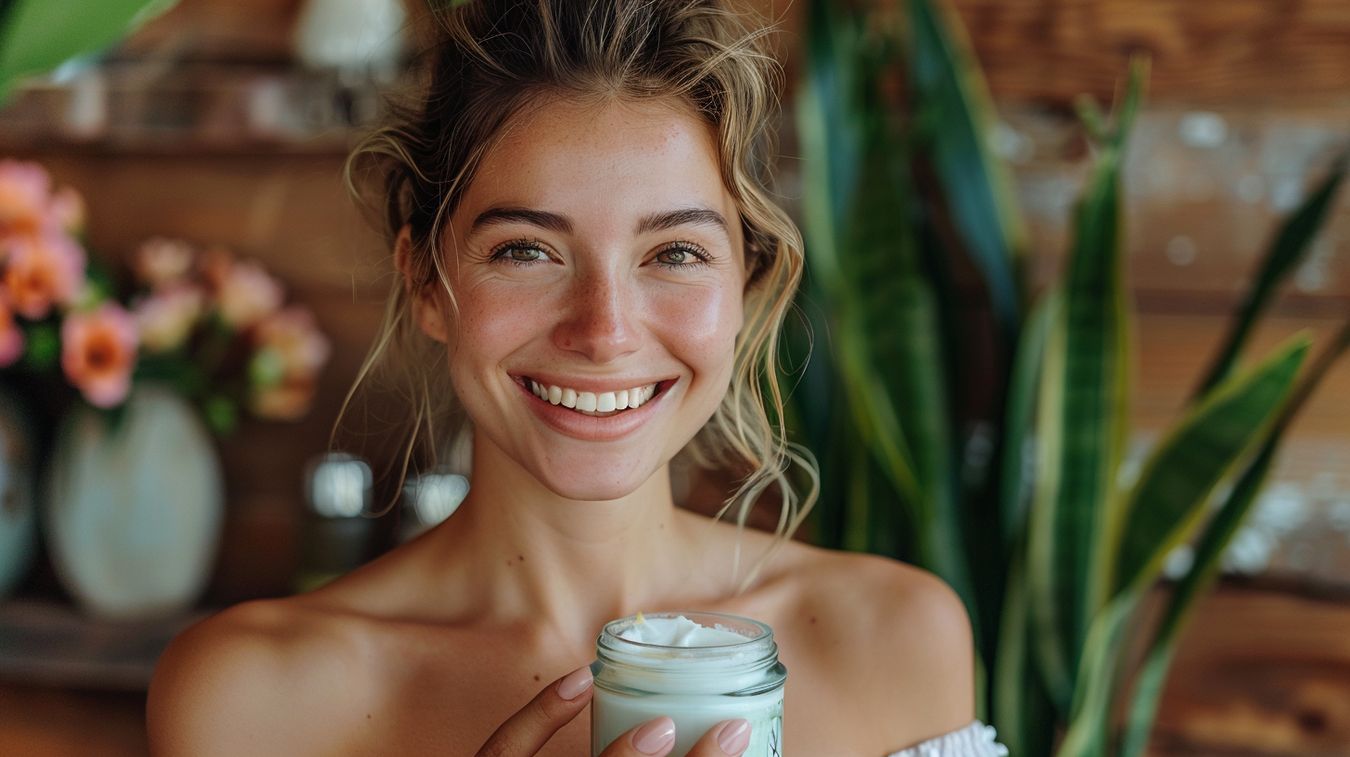 Mujer con piel radiante sosteniendo un frasco de crema artesanal