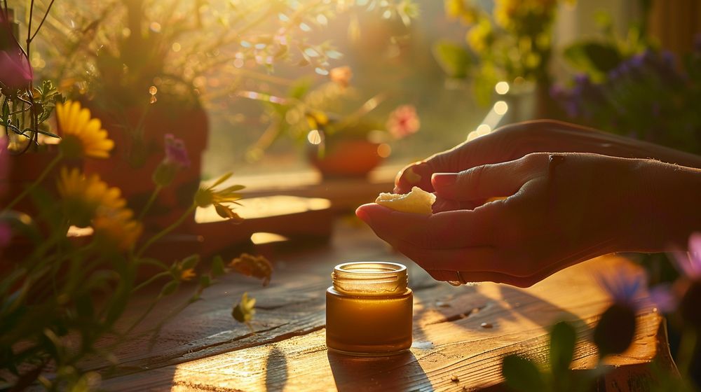 Persona aplicando bálsamo natural en la piel con una mesa de madera