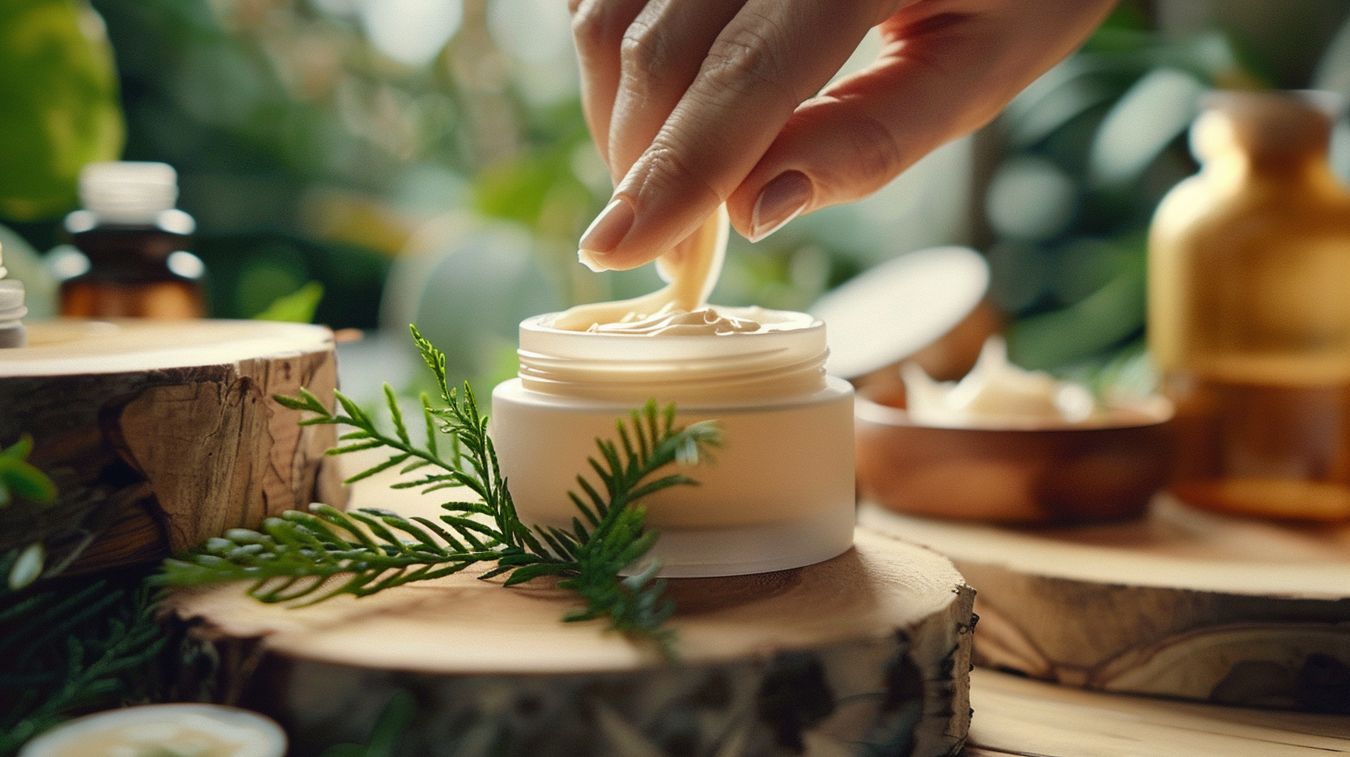 Persona aplicando crema natural artesanal con elementos de madera y plantas en el fondo