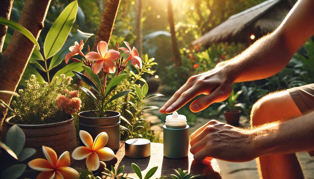 Persona aplicando desodorante ecológico en un entorno natural con plantas y flores