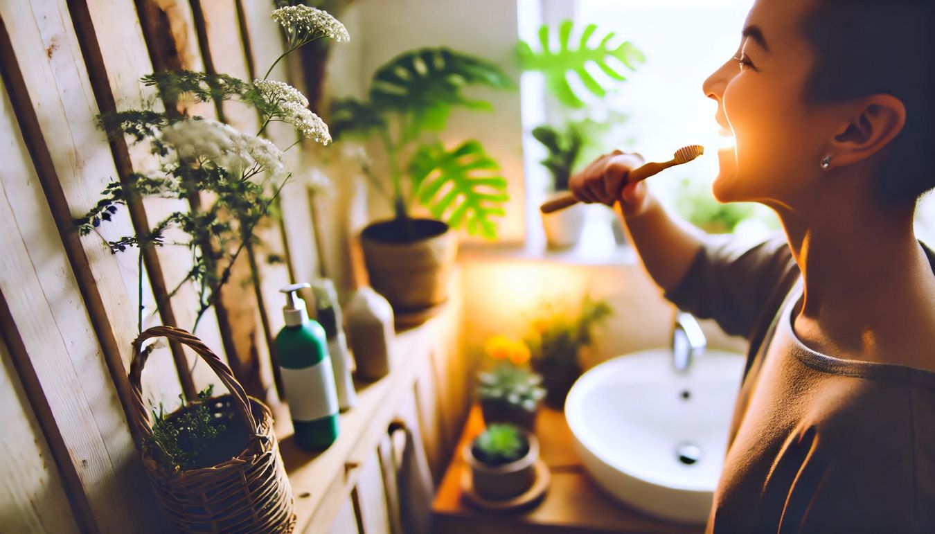 Persona cepillándose los dientes con pasta de dientes natural en un baño con elementos de madera plantas y flores