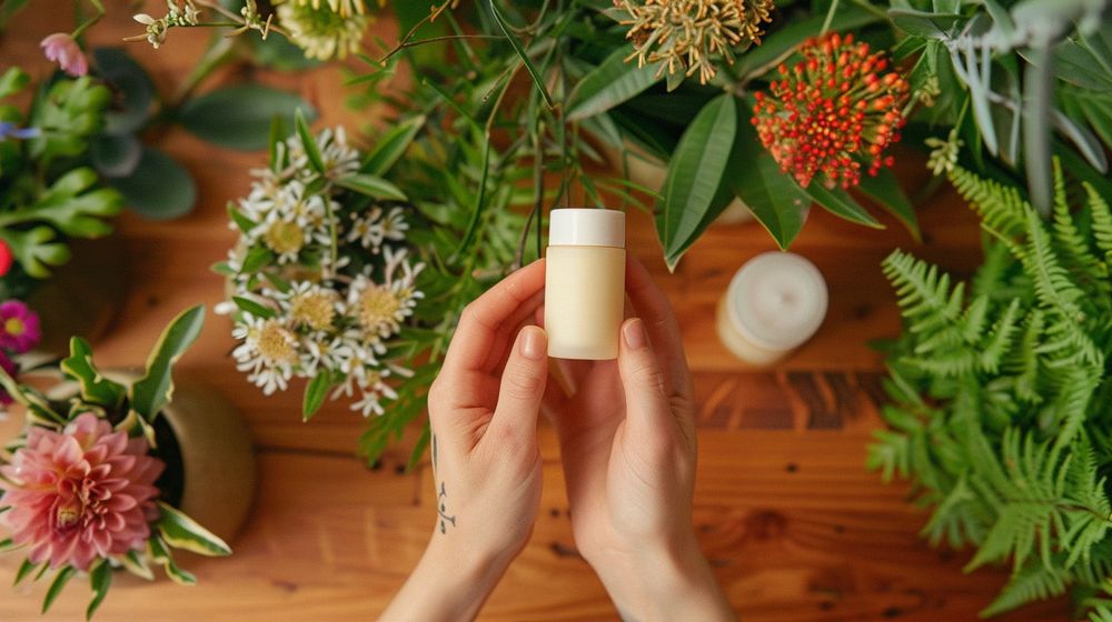 Persona feliz sosteniendo un desodorante natural con una mesa de madera