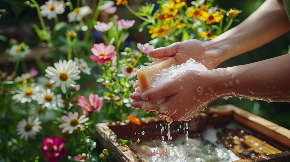 Persona lavándose las manos con jabón artesanal natural en un área de lavabo