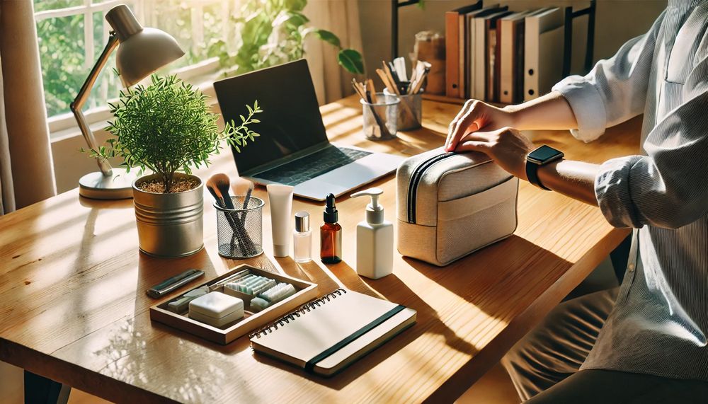 Persona preparándose para un día en la oficina con un kit de higiene personal sobre un escritorio