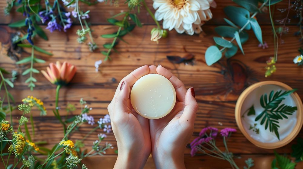 Persona sosteniendo un shampoo sólido cerca de su cabello con flores y plantas alrededor