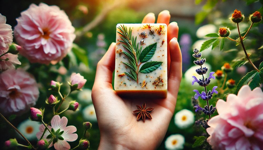 Persona sosteniendo una barra de jabón artesanal con ingredientes naturales fondo de plantas y flores