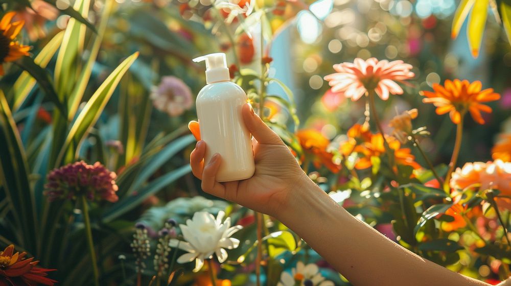 Persona sosteniendo una botella de acondicionador natural en un jardín