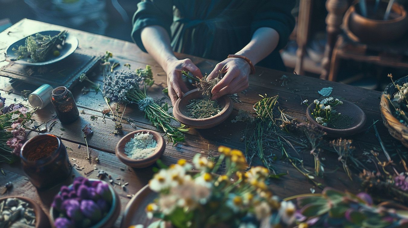 Proceso de elaboración de cosméticos naturales a mano con ingredientes como hierbas y flores