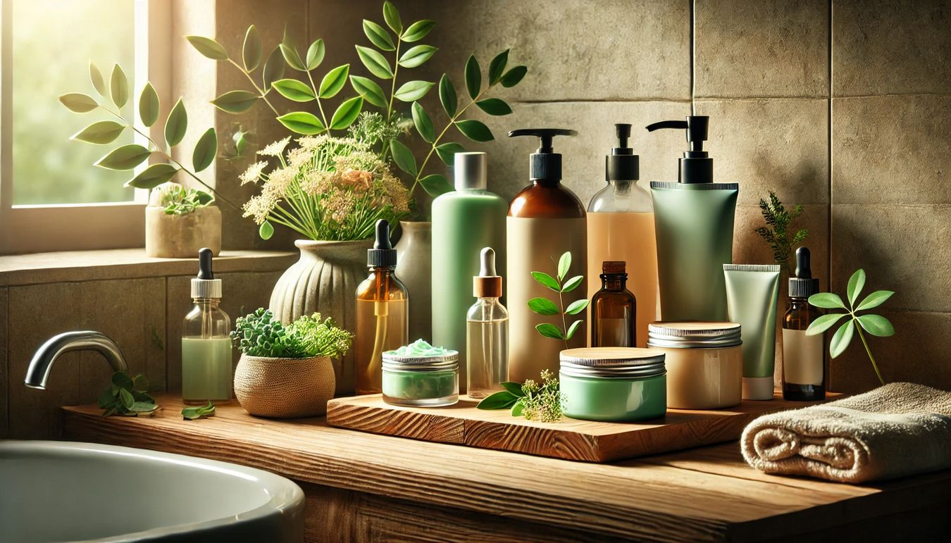 Productos de aseo personal natural en un estante de baño de madera con plantas y flores