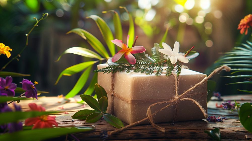 Set de regalo de jabones artesanales naturales envueltos hermosamente sobre una mesa