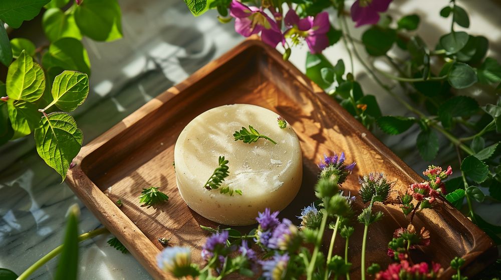 Shampoo sólido en una bandeja de madera con flores coloridas y plantas verdes