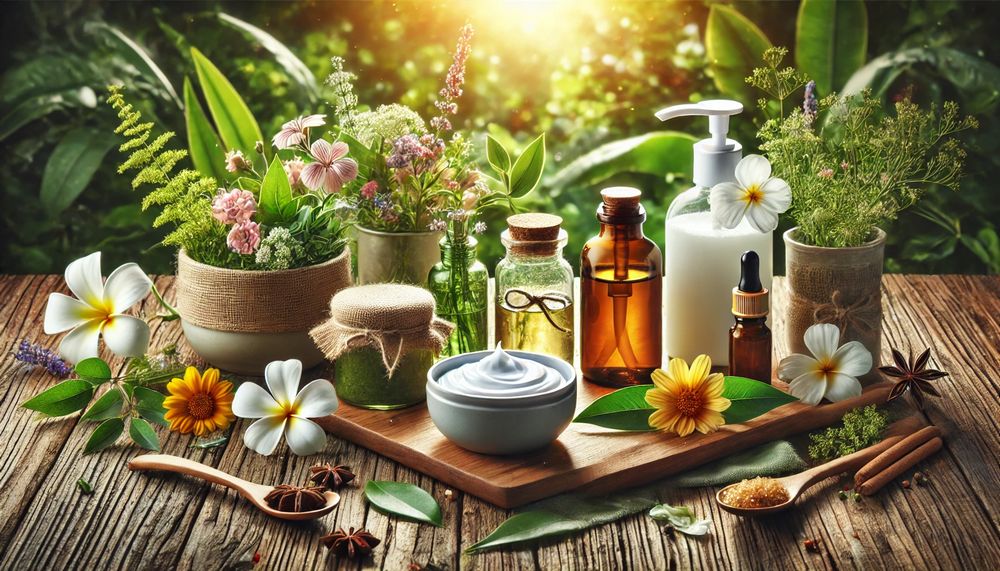 productos naturales de cuidado personal con ingredientes como hierbas y flores