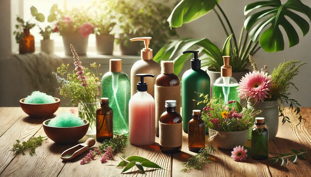 varias botellas de shampoo artesanal en una mesa de madera rodeadas de plantas verdes y flores coloridas